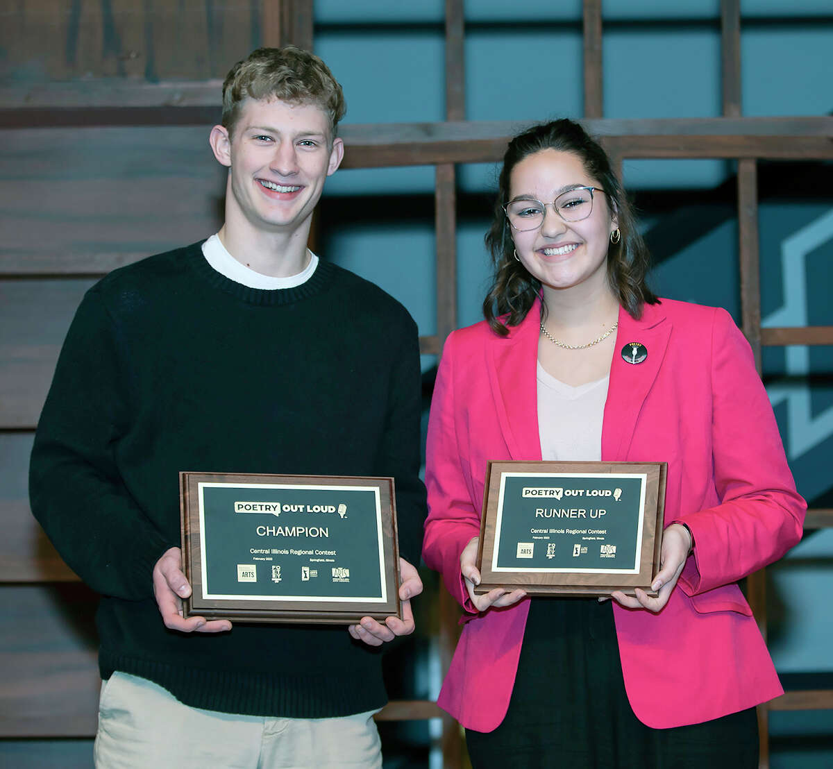 Thaddeus Bergschneider (left) of Franklin High School and Eliza Denham of Eureka High School will advance in March to the state Poetry Out Loud competition.