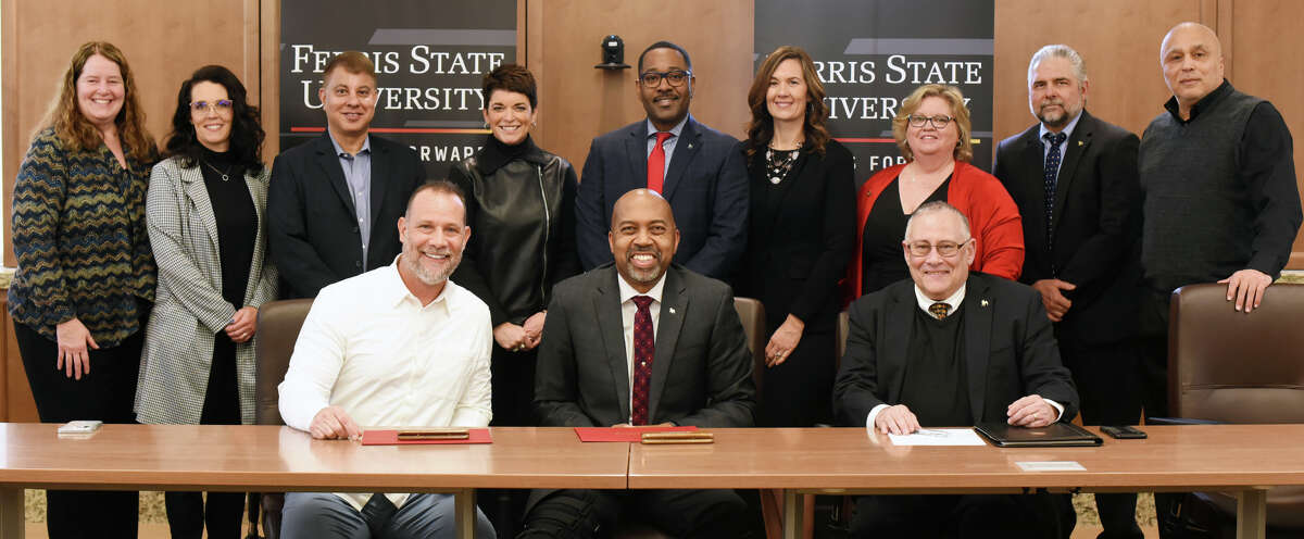 Back row (left to right): Jeanine Ward-Roof, Ferris vice president for Student Affairs; Lisa VonReichbauer, interim director of the Office of International Education; Paul Khanna, president of MedStar; Kathy Mullins, vice president for University Advancement and Marketing; Lincoln Gibbs, dean of the College of Health Professions, Wendy Lenon, department chair for School of Nursing; Theresa Raglin, associate dean for operations, assessment and compliance in the College of Health Professions; Steven Reifert, interim associate provost of academic operations; and David Pilgrim, vice president of diversity, inclusion and strategic initiatives.Front row (left to right): Jeff Schmitz, Ferris alumnus from the Detroit area and MedStar vice president; Bill Pink, president of Ferris; and Bobby Fleischman, Ferris provost and vice president for Academic Affairs.