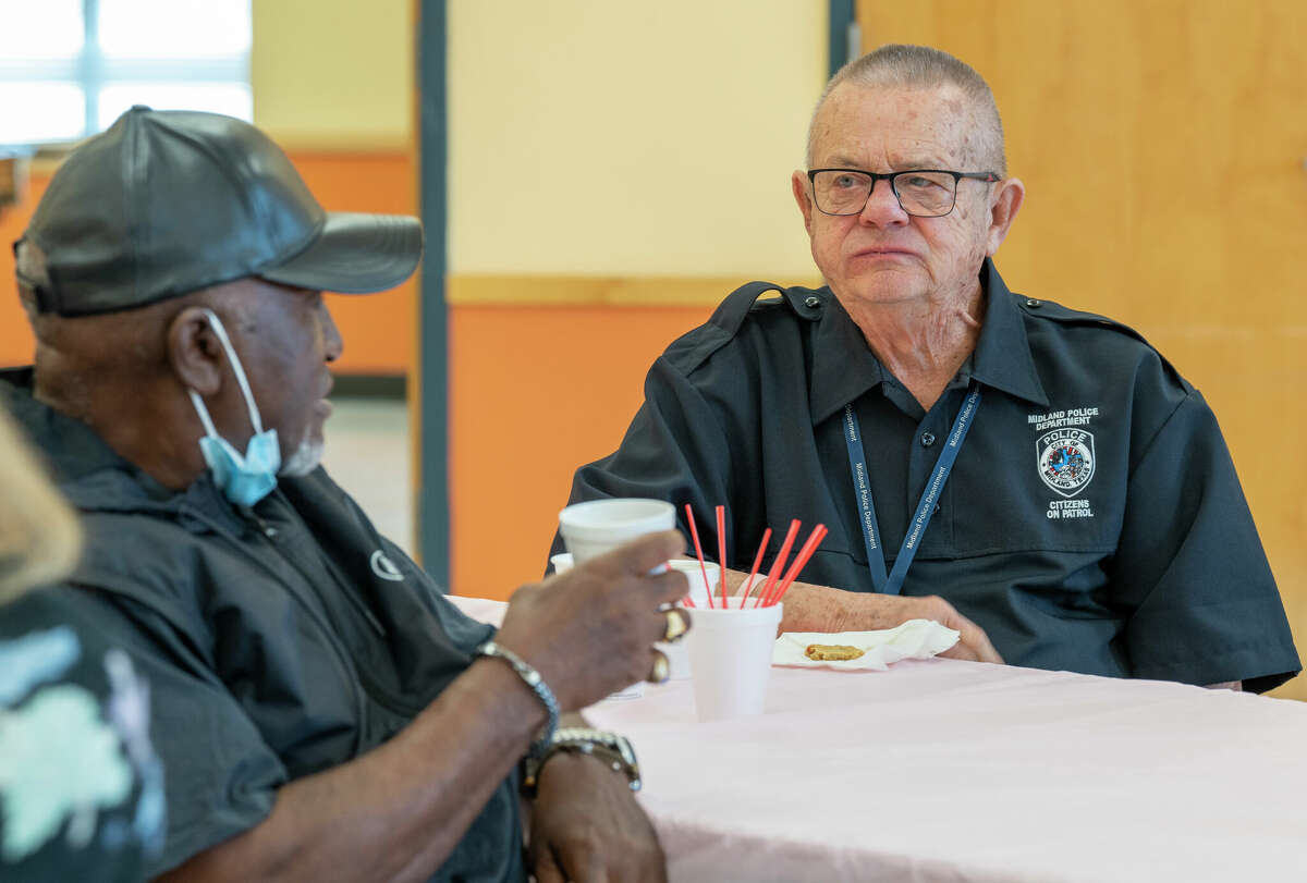 Midland Police Citizens on Patrol Officer Ron Wingo enjoys coffee and chatting with residents Monday morning during Coffee with a Cop at the Midland Southeast Senior Center. Photo by Tim Fischer/City of Midland