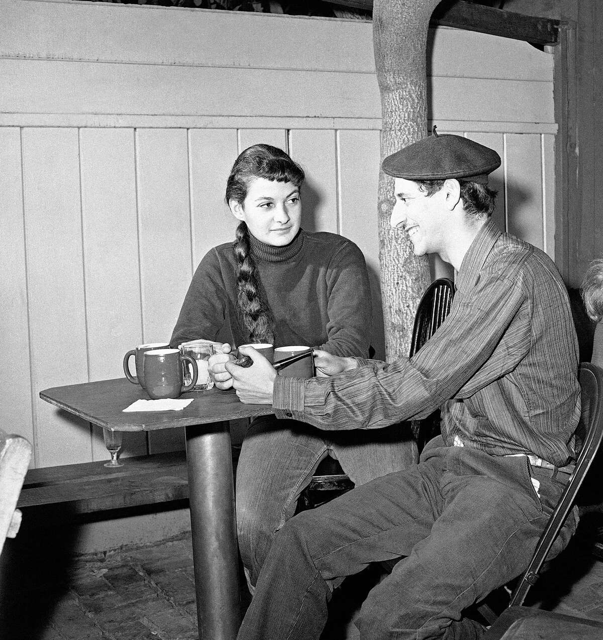Lenore Kandel and Marty Canter sipping coffee in a Hollywood coffee house in Los Angles on Nov. 12, 1958.