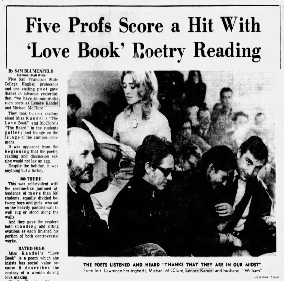 An article from Nov. 24, 1966, covering a local reading of Lenore Kandel's "The Love Book" with notable poets in attendance, including Michael McClure and Lawrence Ferlinghetti.
