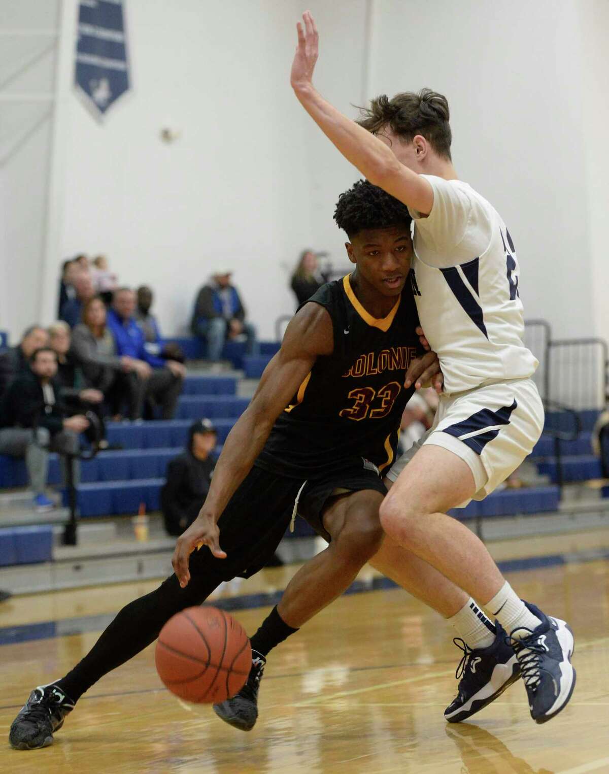 Mekeel Christian Caleb Hussey pressures South Colonie's Trey Von Owens-Cody during a game on Monday, Feb. 13, 2023, at Mekeel Christian Academy in Scotia, N.Y. (Jenn March, Special to the Times Union)