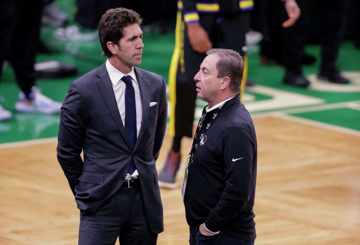 Bob Myers, President of Basketball Operations and General Manager, and Joe Lacob, owner and CEO, of the Golden State Warriors are seen before Game 4 of the NBA Finals between the Golden State Warriors and the Boston Celtics at TD Garden in Boston, Mass., on Friday, June 10, 2022.