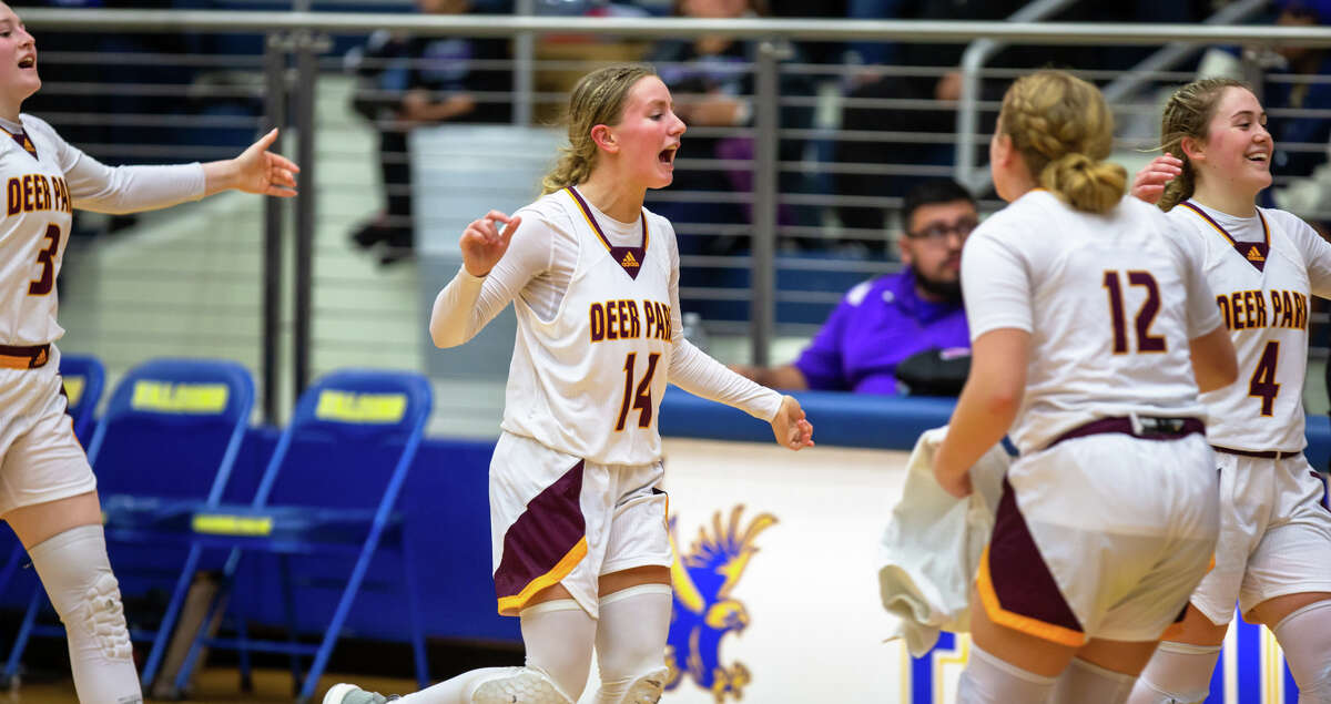 Deer Park Elysa Ripley (14) reacts after a high school, Class 6A bi-district girls basketball playoff game Region III-6A Division II semifinal. Deer Park vs. Humble at Channelview High School, Monday, February 13, 2023, in Channelview. Deer Park defeated Humble 33-30.