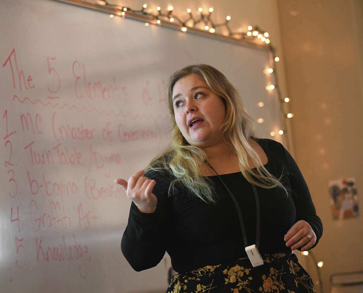 Elaina Rampolla teaches the state-mandated Black and Latino Studies class at Stamford High School in Stamford, Conn. Tuesday, Feb. 14, 2023. There is a state-required class on Black and Latino studies that Stamford High School is teaching, but not all districts in the state are due to low enrollment.