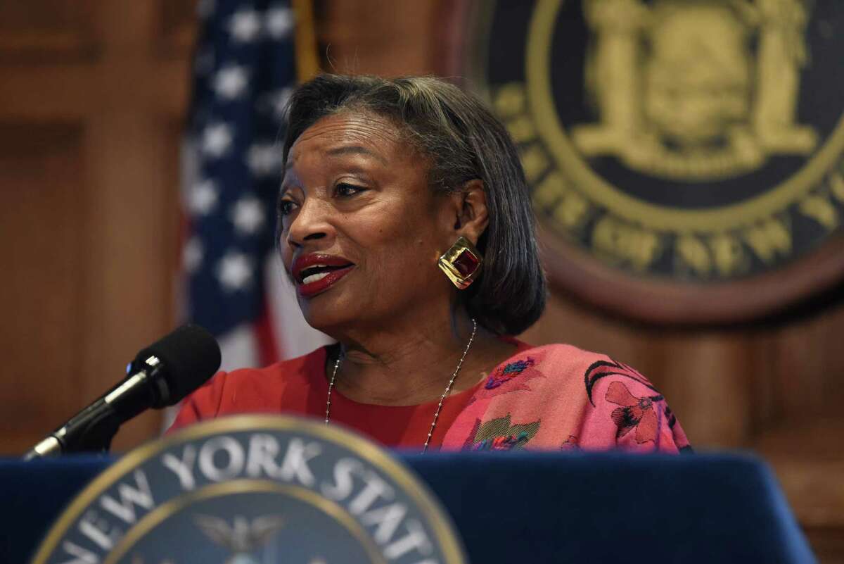State Senate Majority Leader Andrea Stewart-Cousins holds a press conference at her offices on Tuesday at the Capitol in Albany. The leader took questions on the Court of Appeals nomination of Justice Hector D. LaSalle.