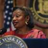 Senate Majority Leader Andrew Stewart-Cousins holds a press conference at her offices on Tuesday, Feb. 14, 2023, at the Capitol in Albany, N.Y. The leader took questions on the nomination of Justice Hector D. LaSalle.
