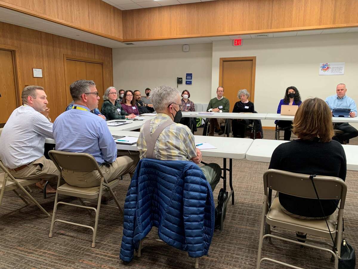 Members of West Hartford's Vision Zero task force listen to Mayor Shari Cantor, on right, speak at their first meeting on Feb. 13.