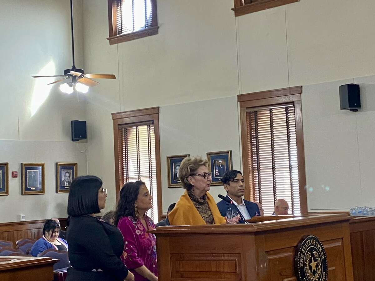 Andrea Ordoñez, Gabriela Mendoza-Garcia, Margarita Araiza, and Edwardo Garcia during the Webb County Commissioners Court meeting on Monday, Feb. 13, 2023.