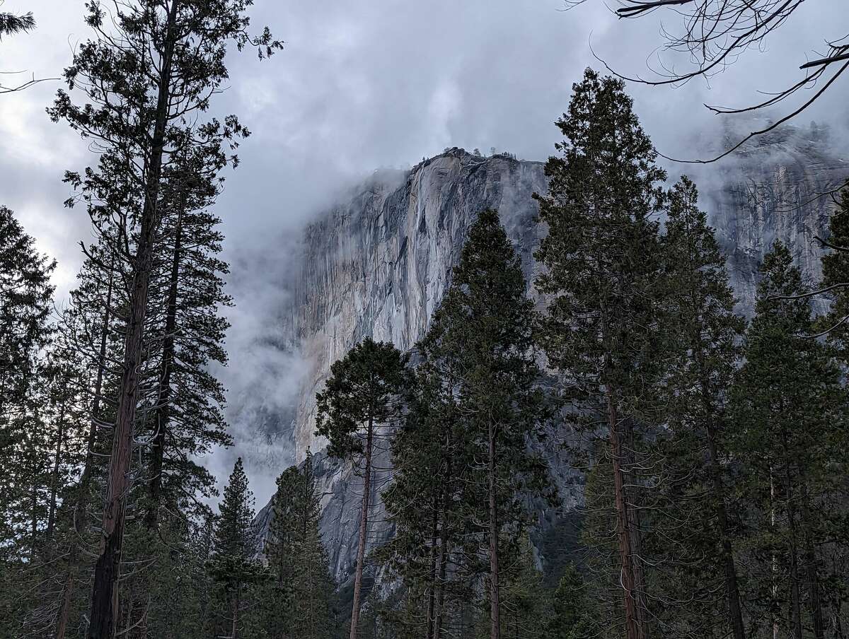 Clouds continue to obscure El Capitan as the sunset approaches at 5:30 p.m on Feb. 11, 2023.