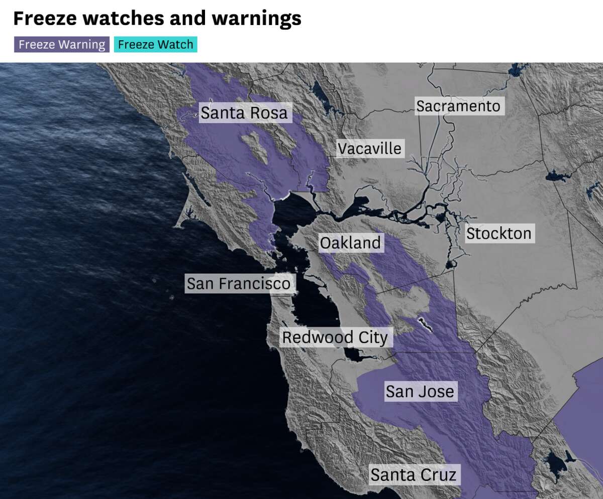 美国国家气象局向北湾的圣罗莎山谷、佩塔卢马山谷和纳帕山谷、东湾的圣拉蒙山谷和利弗莫尔山谷以及南湾的圣克拉拉山谷发布了冻结警报，警报持续到周三上午9点。