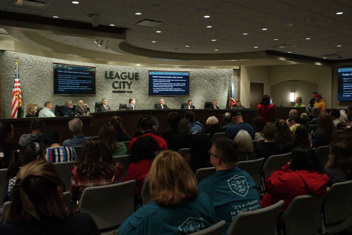 League City city council members hear public comments during the meeting Tuesday, Feb. 14, 2023.