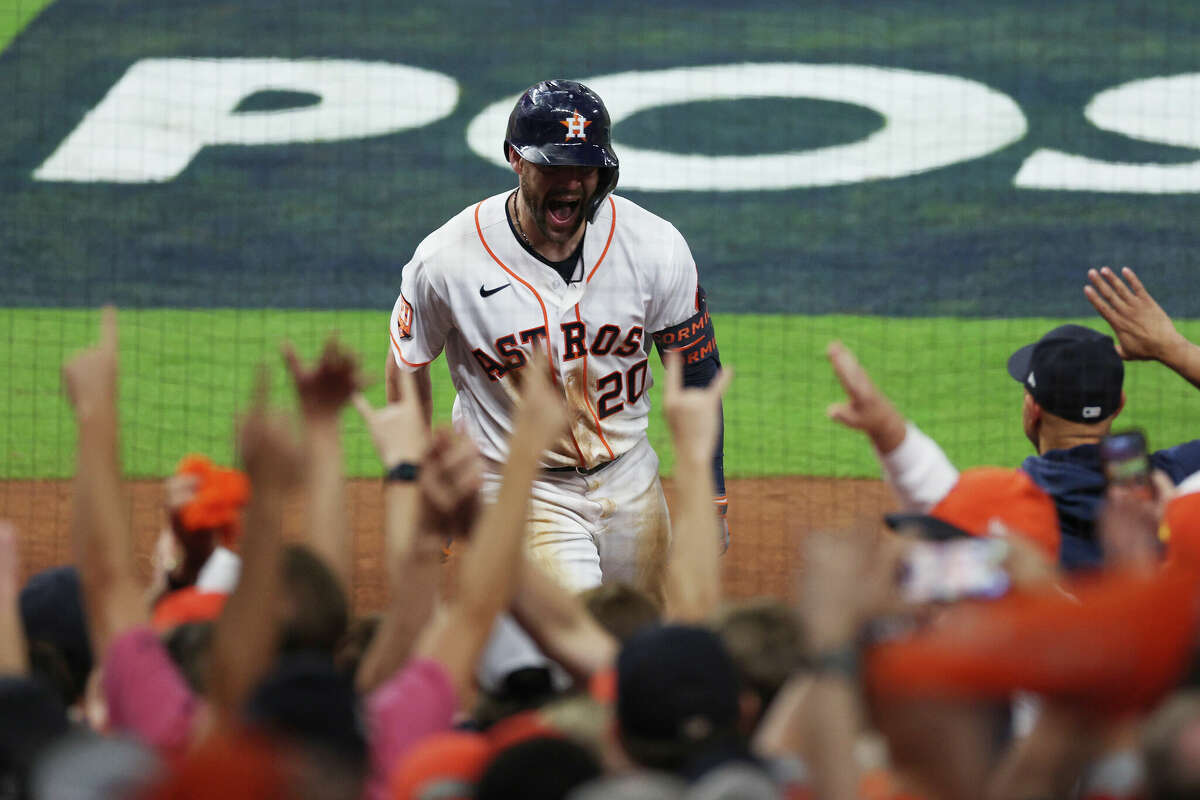 Chas McCormick #20 of the Houston Astros celebrates a solo home run during the sixth inning against the New York Yankees in game one of the American League Championship Series at Minute Maid Park on October 19, 2022 in Houston.