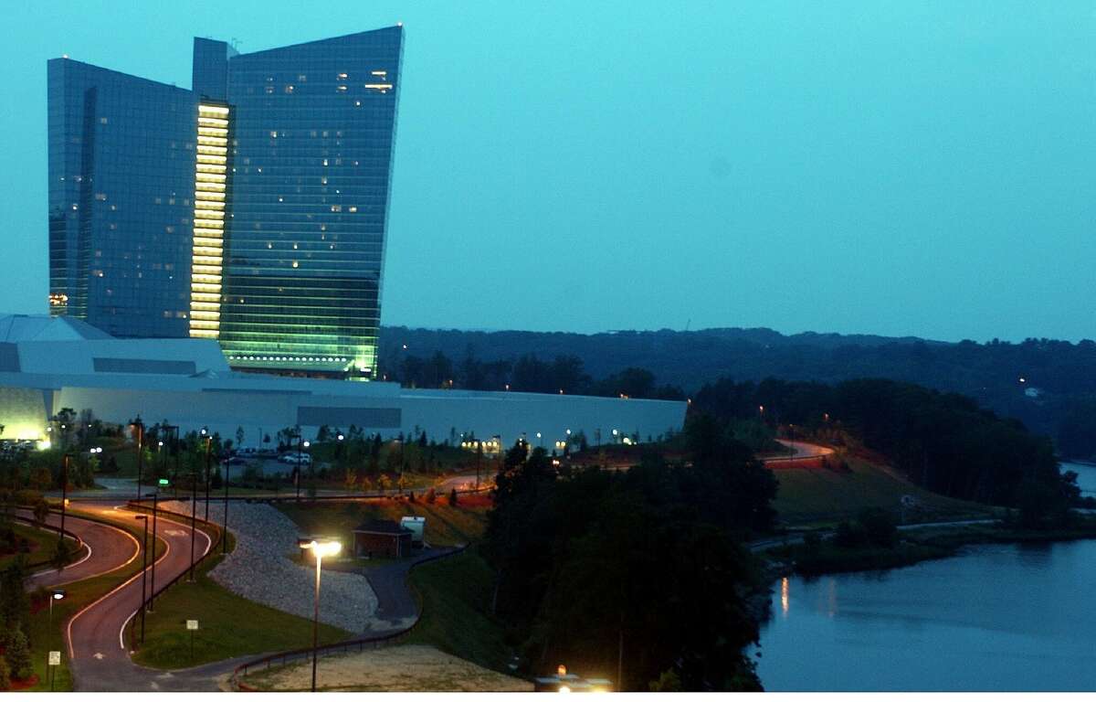 An exterior shot of the Mohegan Sun Hotel and Casino, which sits next to the Thames River.