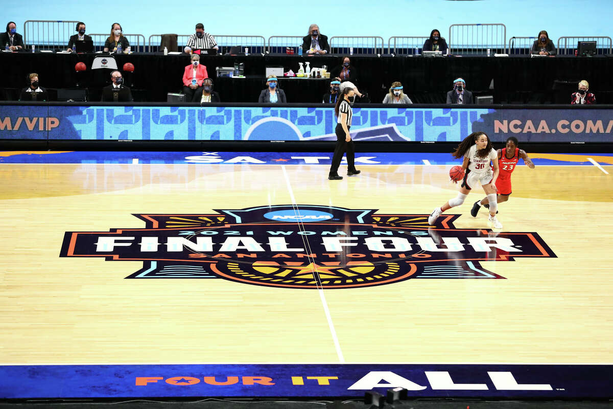 Haley Jones #30 of the Stanford Cardinal dribbles up the floor Bendu Yeaney #23 of the Arizona Wildcats during the fourth quarter during the championship game of the NCAA Womenâs Basketball Tournament at Alamodome on April 4, 2021 in San Antonio, Texas.