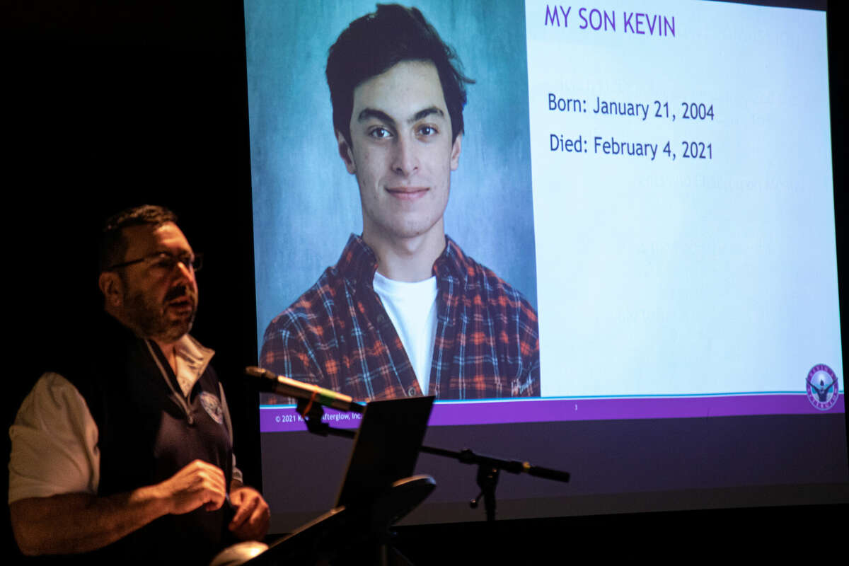 Jim Kuczo of Fairfield talks about his son, Kevin, during the event called "A Real Conversation About Mental Health," presented at the Trackside Teen Center on Monday, Feb. 13, 2023. 