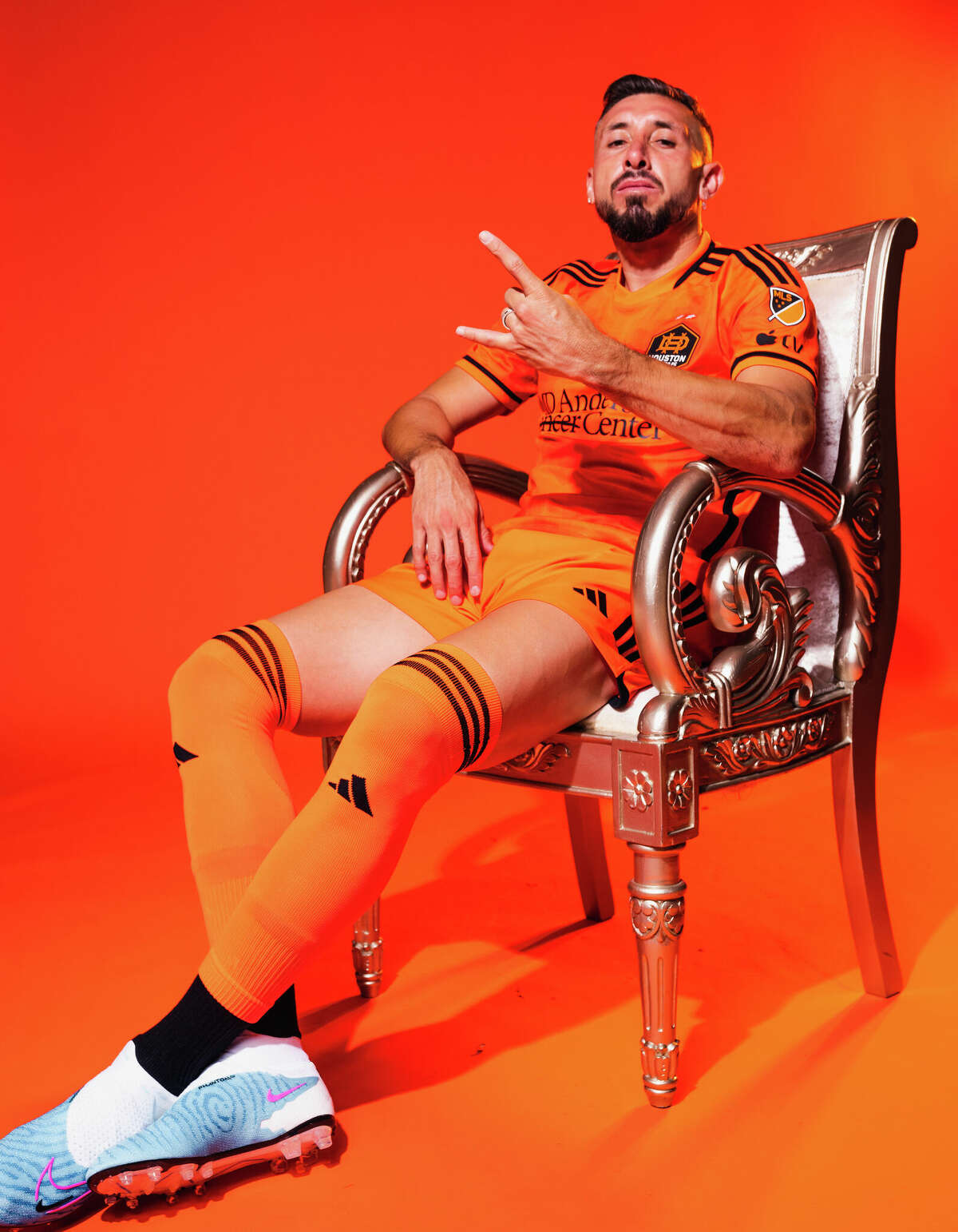 Houston Dynamo midfielder Hector Herrera models the team's new kits, which will be work for the 2023 and 2024 seasons.