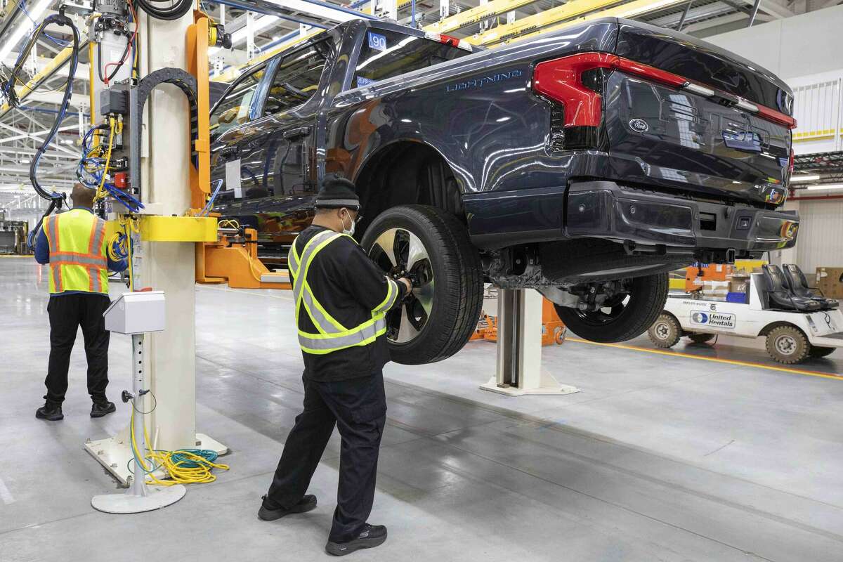 United States, Michigan, Dearborn: Ford Rouge Electric Vehicle Center. The facility is part of the historic Rouge Complex and houses production of the all-electric Ford F-150 Lightning pickup truck, the best-selling vehicle line in the USA. (Photo by: DR/SP/Andia/Universal Images Group via Getty Images)