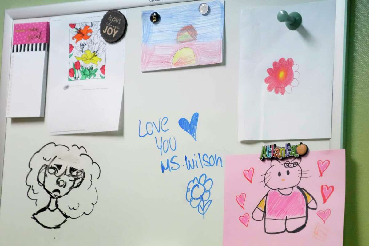 A bulletin board of student’s artwork is shown in the office of Kershal Wilson, school counselor, at Grantham Academy, 13300 Chrisman Road, in Aldine ISD Wednesday, Feb. 15, 2023, in Houston. Texas Child Health Access through Telemedicine is a program launched by the state that offers free virtual mental health services to students at hundreds of districts across Texas.