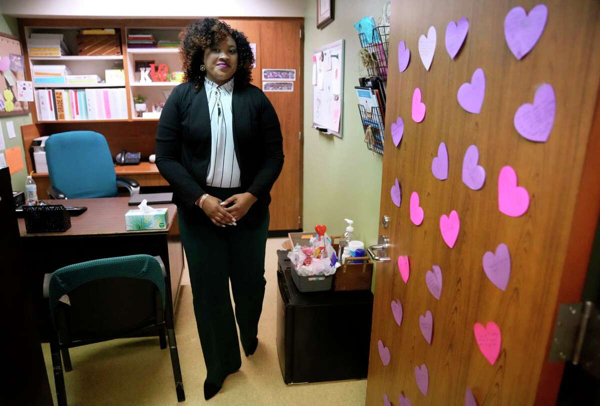Kershal Wilson, school counselor, shown in her office at Grantham Academy, 13300 Chrisman Road, in Aldine ISD Wednesday, Feb. 15, 2023, in Houston. TCHATT is a program launched by the state that offers free virtual mental health services to students at hundreds of districts across Texas.