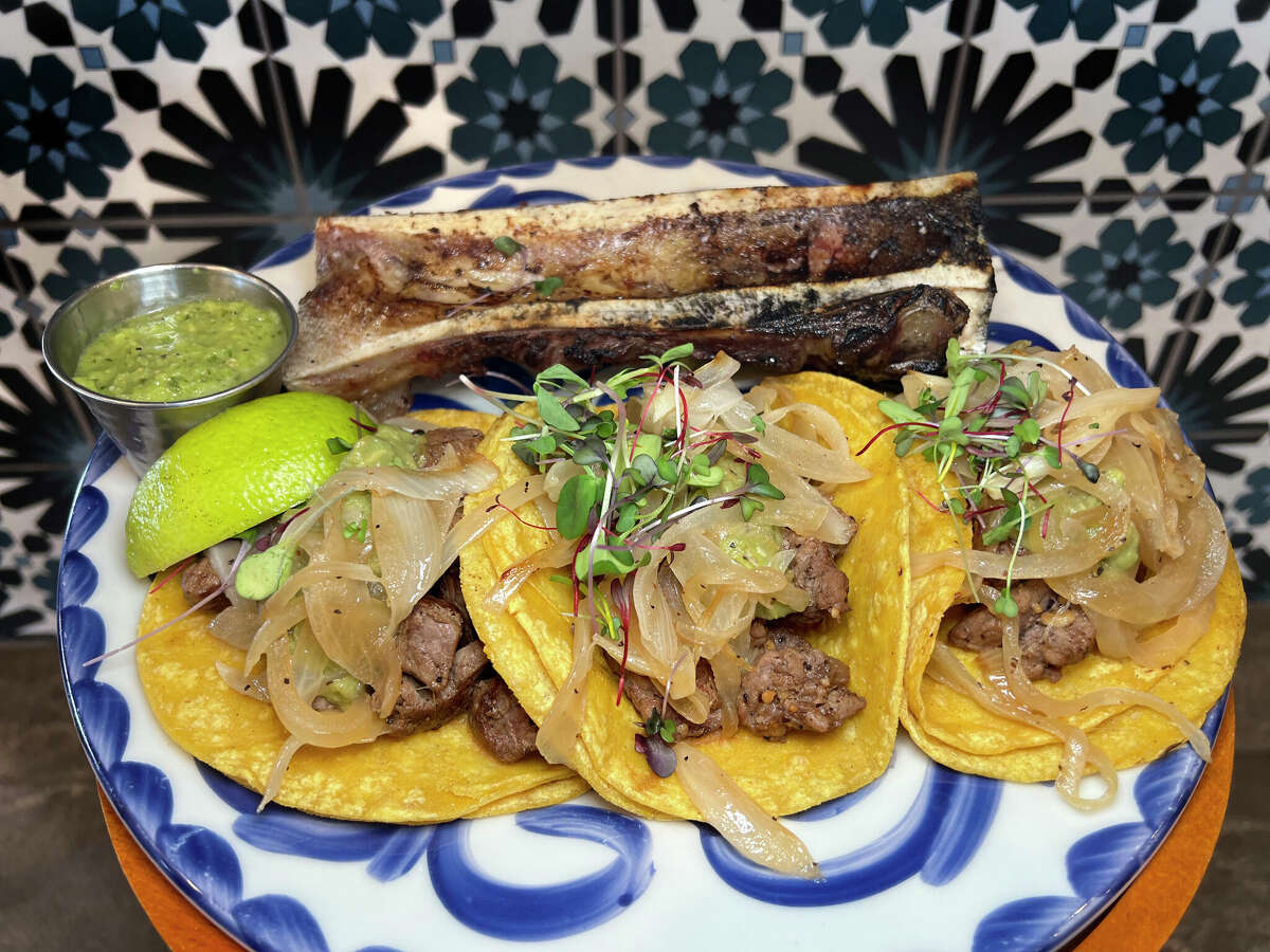Rib-eye tacos include roasted bone marrow at Los Azulejos Restaurante Bar on Northwest Military Highway in San Antonio.
