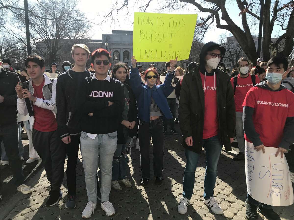 An estimated 700 students, staff and faculty from UConn rallied at the state Capitol Wednesday to fight what UConn says are budget cuts by Gov. Ned Lamont. Lamont contends his proposal does not cut spending on UConn. 
