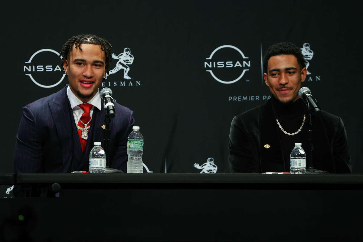 Quarterback C.J. Stroud from Ohio State and quarterback Bryce Young from Alabama during The Heisman Trophy finalists press conference at the Marriott Marquis in New York on December 11, 2021 in New York City.