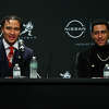 Quarterback C.J. Stroud from Ohio State and quarterback Bryce Young from Alabama during The Heisman Trophy finalists press conference at the Marriott Marquis in New York on December 11, 2021 in New York City.