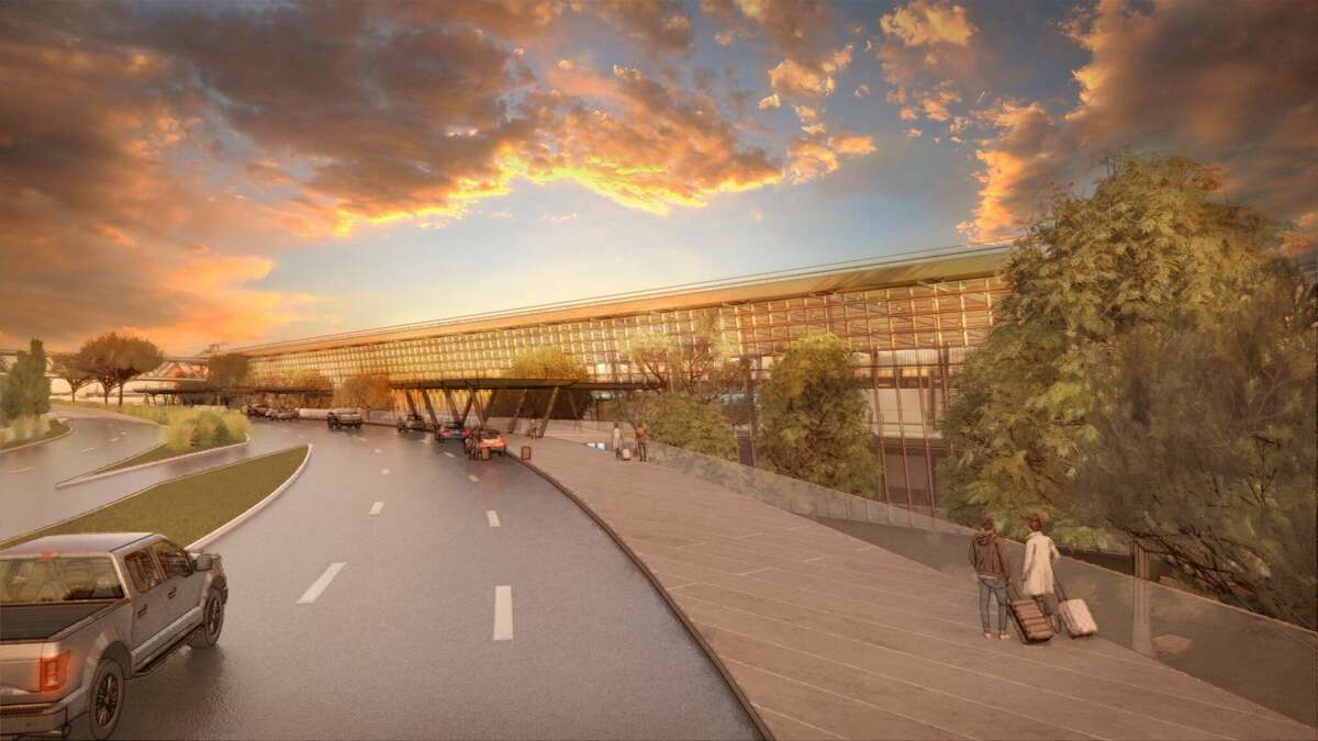 A new terminal planned for the San Antonio International Airport is shown to include connections with nature around its curbside drop off area.