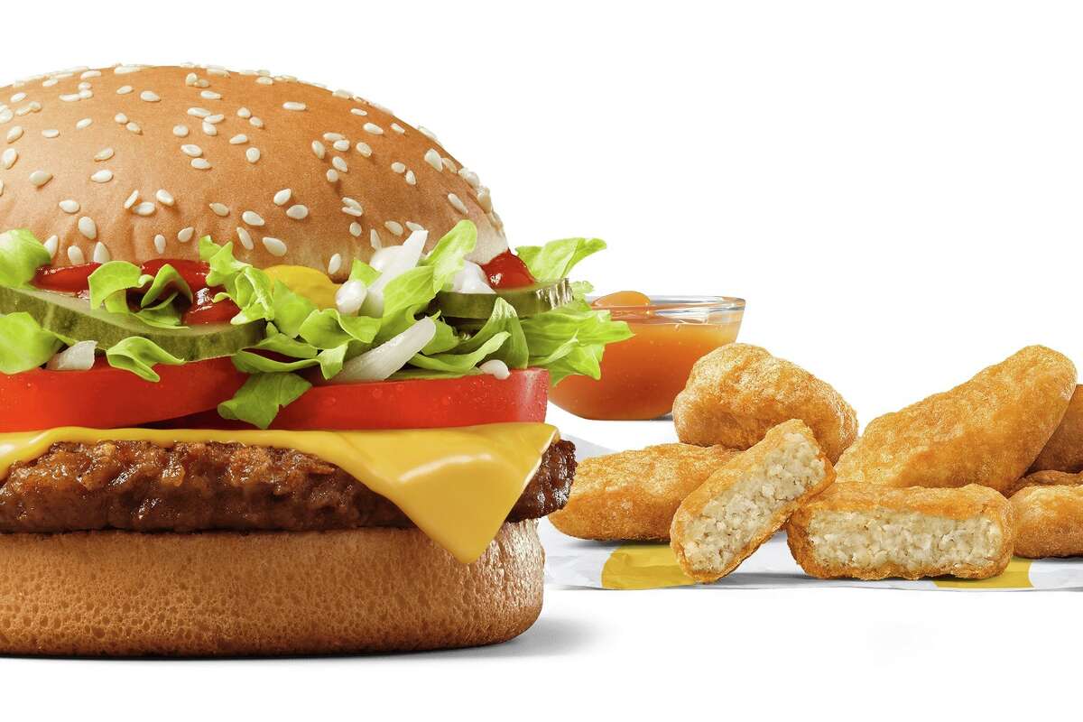 This image released by McDonald’s shows the McPlant plant-based burger and and the new plant-based McPlant Nuggets. The nuggets will be available along with the burger at McDonald’s restaurants in Germany starting Feb. 22. (McDonald’s via AP)