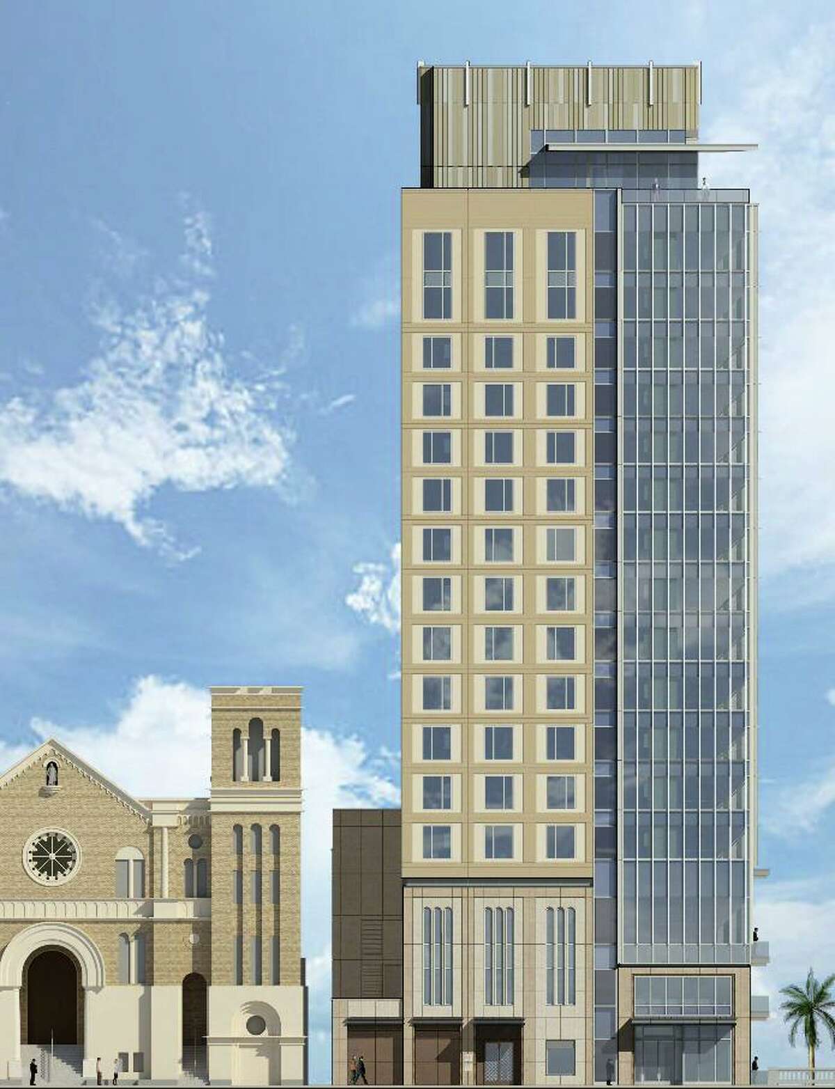 Renderings show a proposed hotel next to St. Mary’s Catholic Church in downtown San Antonio.
