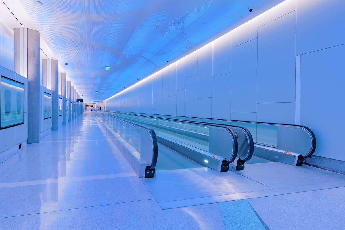 The underground tunnel between Terminal B to and from the West Gates at the Los Angeles International Airport's Tom Bradley International Terminal on April 13, 2021.