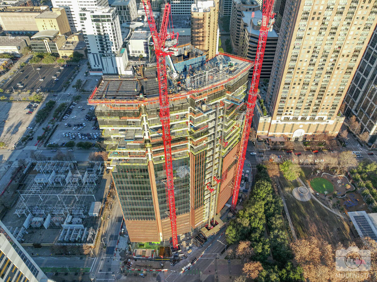 An aerial photo of Skanska's 28-story office tower rising near Discovery Green in downtown Houston.