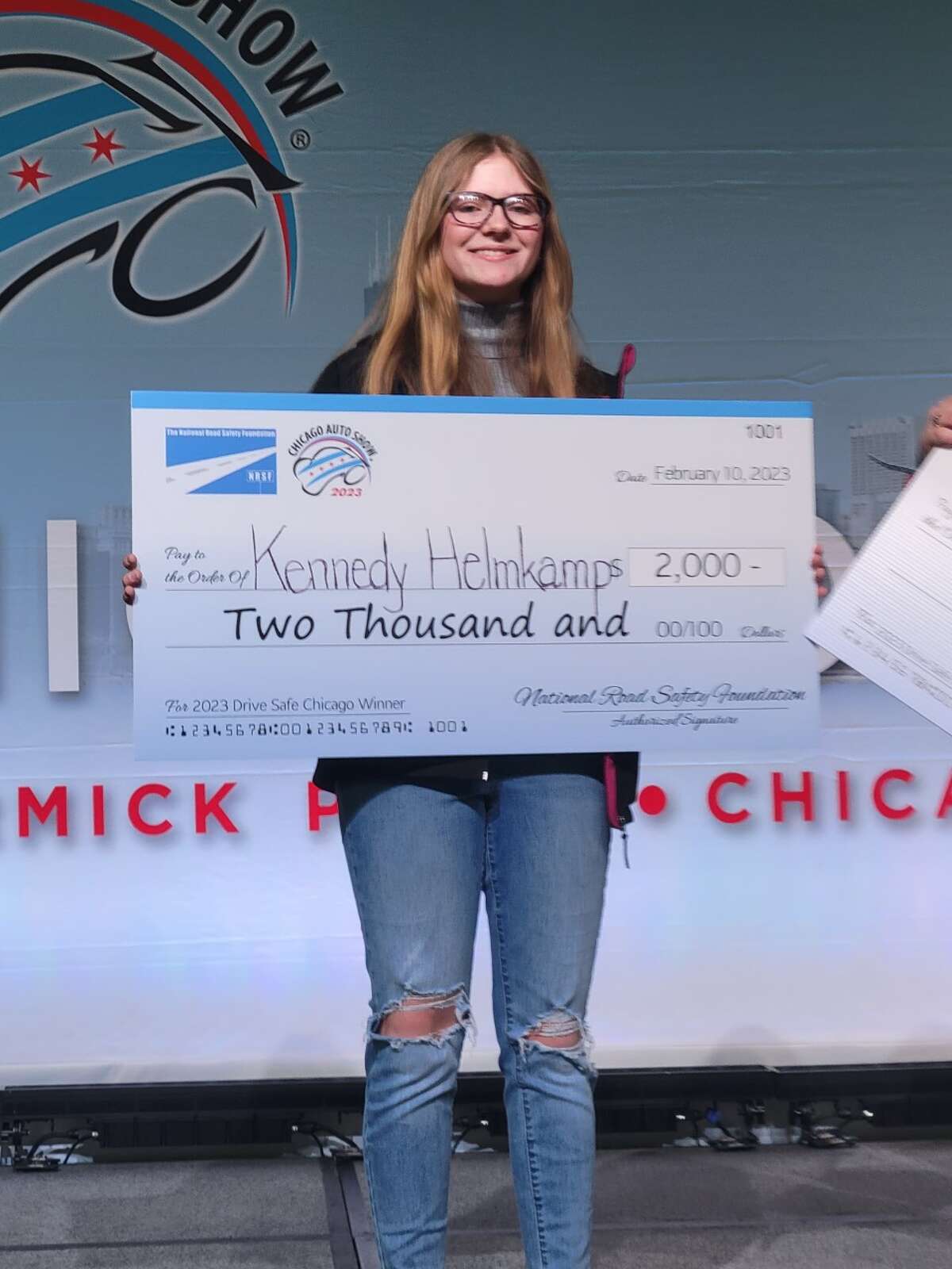 Gillespie High School sophomore Kennedy Helmkamp won the $2,000 grand prize in the National Road Safety Foundation's annual public service announcement contest promoting safe driving.