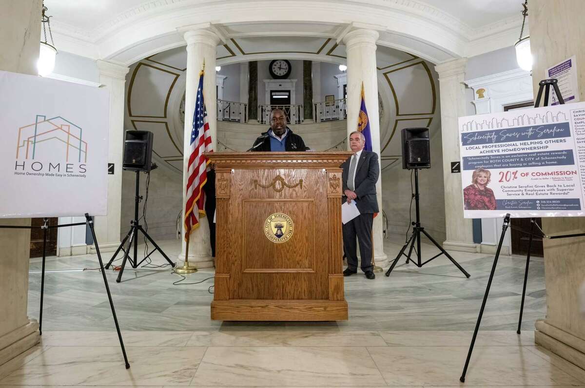 Haileab Samuel, chairman of the Schenectady Municipal Housing Authority Board of Commissioners, talks about a new homebuyer resources program for public employees during a press conference on Thursday Feb. 16, 2023, at City Hall in Schenectady, NY.
