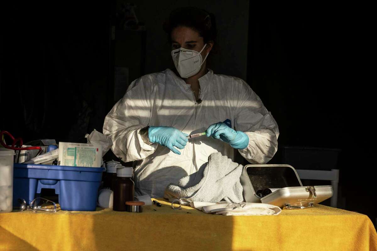 Kelly Beffa, a wildlife center manager at International Bird Rescue, prepares a syringe in a makeshift triage and quarantine facility due to the ongoing avian influenza outbreak that targets wild birds, in Fairfield, California Wednesday, Dec. 14, 2022.