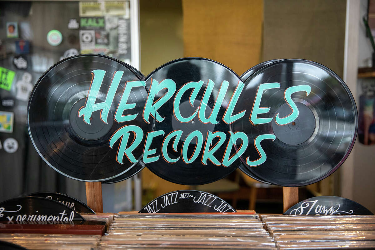 A sign for Hercules Records made from vinyl records at Hercules Records in Berkeley, Calif. on Feb. 14, 2023.