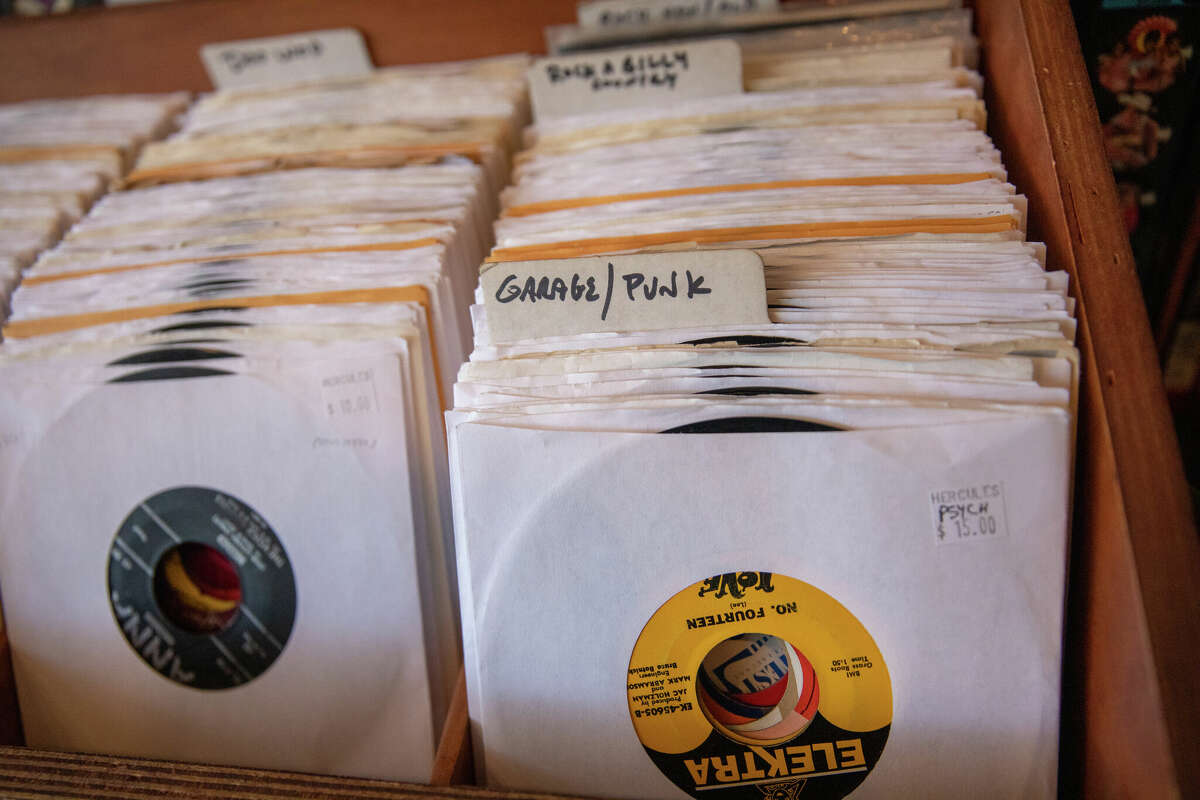 45 rpm records stacks at Hercules Records in Berkeley, Calif. on Feb. 14, 2023.