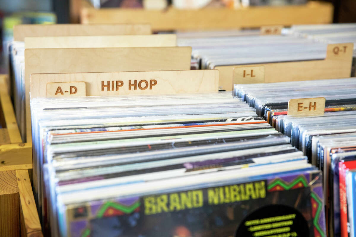 A record stack of Hip Hop records at The Stacks Record Shop in Hayward, Calif. on Feb. 14, 2023.