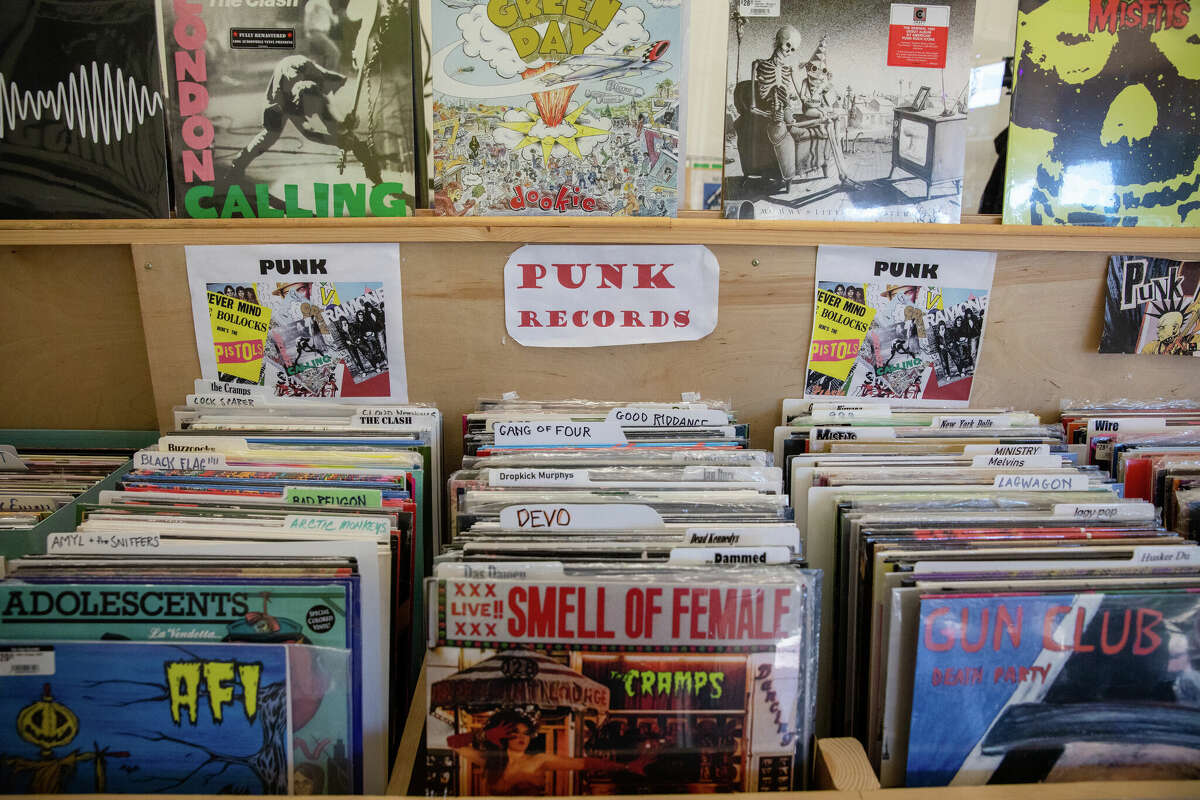 Some of the punk records available at Ska Dog Records in Hayward, Calif. on Feb. 14, 2023.