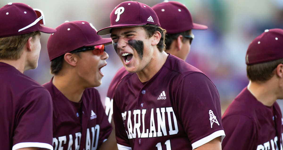Pearland Oilers pitcher Caden Ferraro (11) reacts in the fourth inning during a high school baseball playoffs Region III-6A semifinals, Game 2 Ridge Point vs. Pearland, Friday, May 27, 2022, at Schroeder Park, University of Houston. (Juan DeLeon/Contributor)