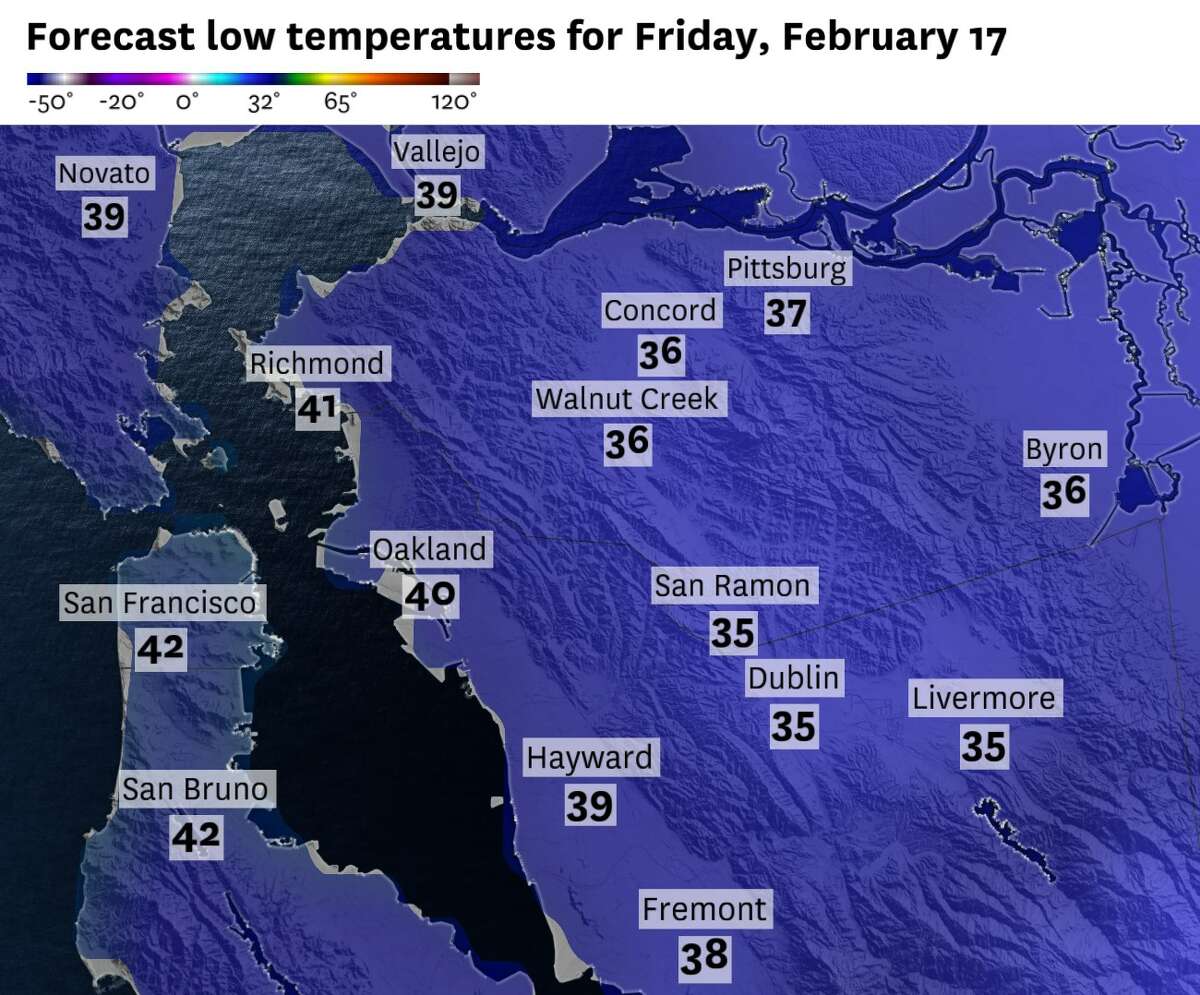 东湾内陆山谷的夜间低气温，一些最冷的夜间温度将在这个假期周末出现。