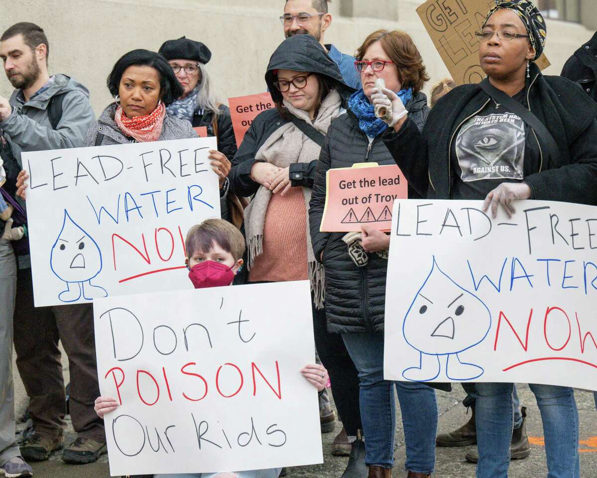 Troy residents call on the city to replace lead pipes during a rally prior to a Troy City Council Utility Committee meeting on Thursday, Feb. 16, 2023, in Troy, NY.