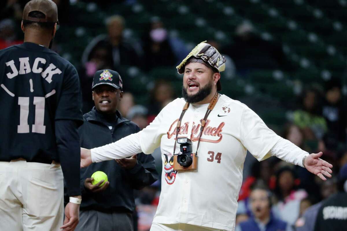 Mo Amer (34) argues a call during the Travis Scott Celebrity Softball game held at Minute Maid Park Thursday, Feb. 16, 2023 in Houston.