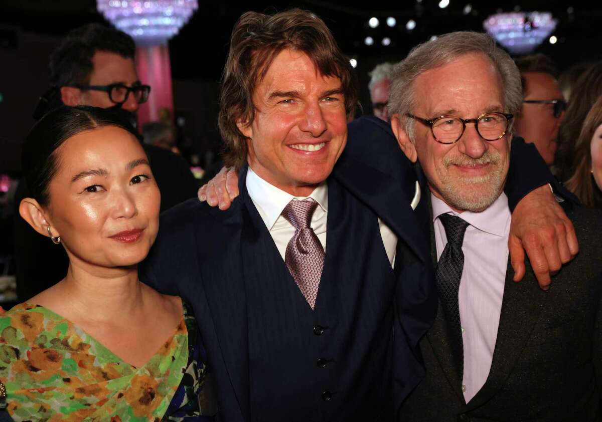 Hong Chau, from left, Tom Cruise, and Steven Spielberg attend the 95th Academy Awards Nominees Luncheon on Monday, Feb. 13, 2023, at the Beverly Hilton Hotel in Beverly Hills, Calif. (Photo by Willy Sanjuan/Invision/AP)
