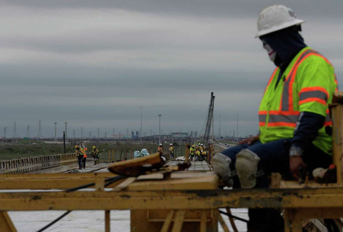 Construction workers are building a future frontage road for northbound Interstate 45 on Thursday, Feb. 16, 2023, at the Texas City Wye in Texas City. All of mainland I-45 in Galveston County will be under construction this summer.