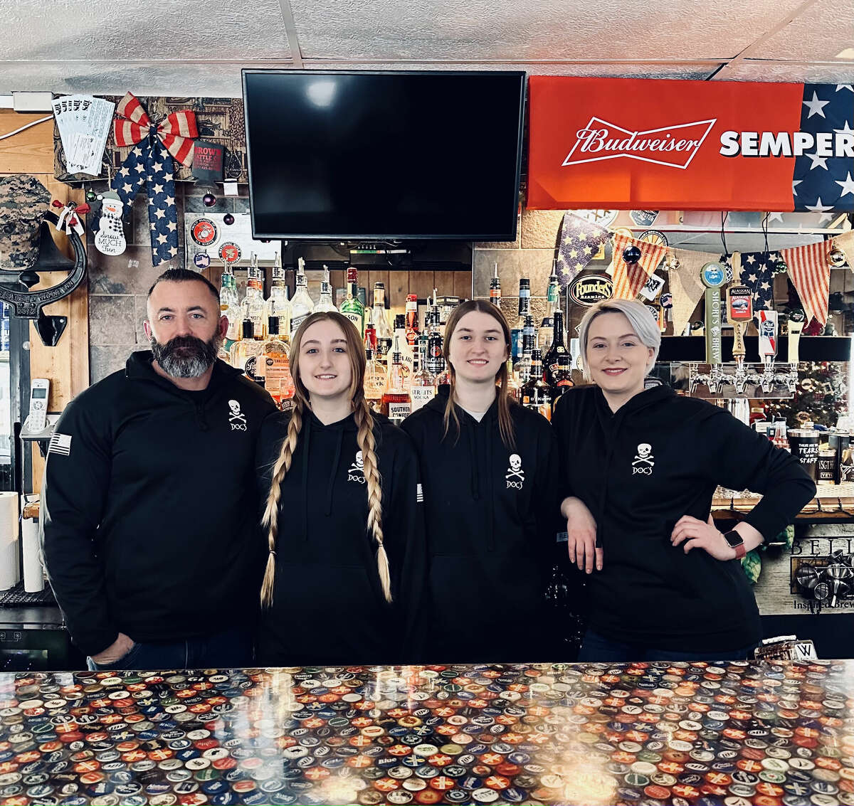 (From left) Robert Beck, with daughters Riley Beck and Madisyn Beck and wife Malgorzata Beck. Robert and Maljormaca Beck purchased Doc’s Sauble River Inn in September 2022.  