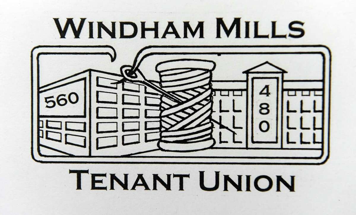 A logo created by Marie Anne Beauchesne for the Windham Mills Tenant Union at the Artspace Windham apartments in Willimantic photographed on February 17, 2023.