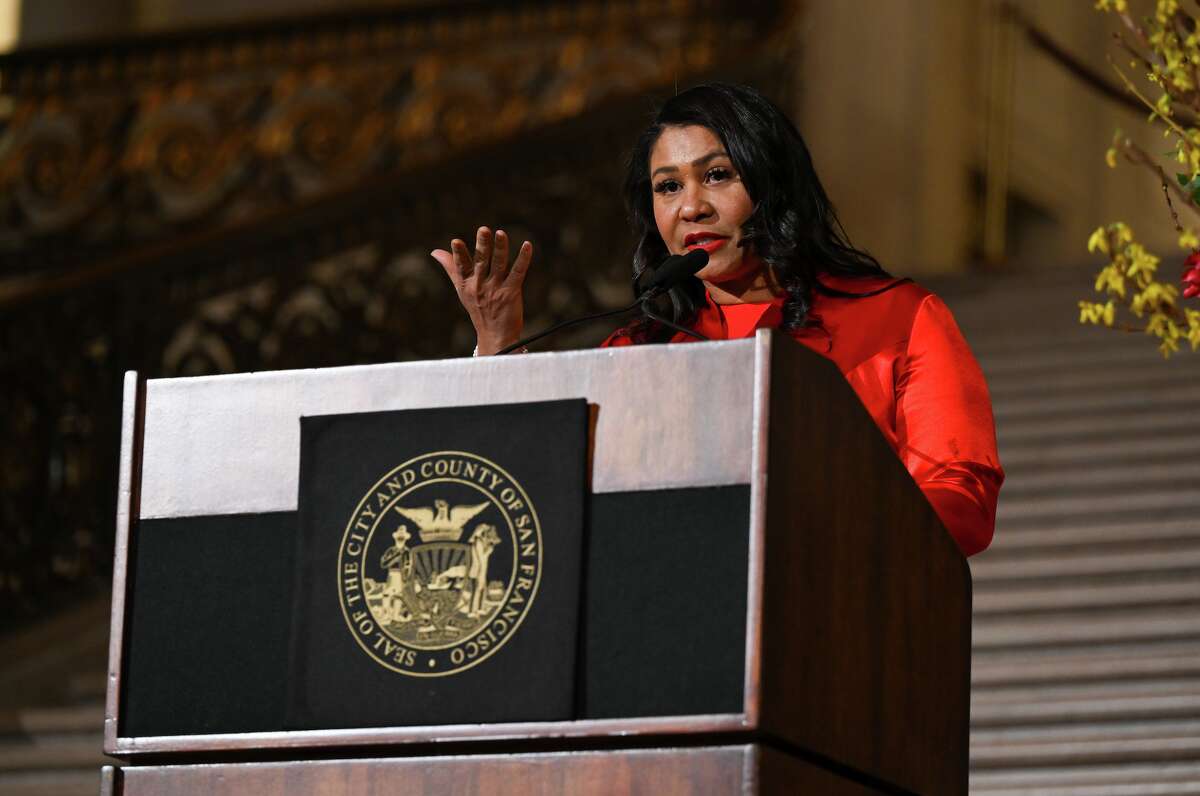 Mayor London Breed speaks during the Lunar New Year 2023 celebration at City Hall in San Francisco on Jan. 30, 2023. Breed joined a coalition of mayors in asking the Biden administration to improve international visitor visa wait times.