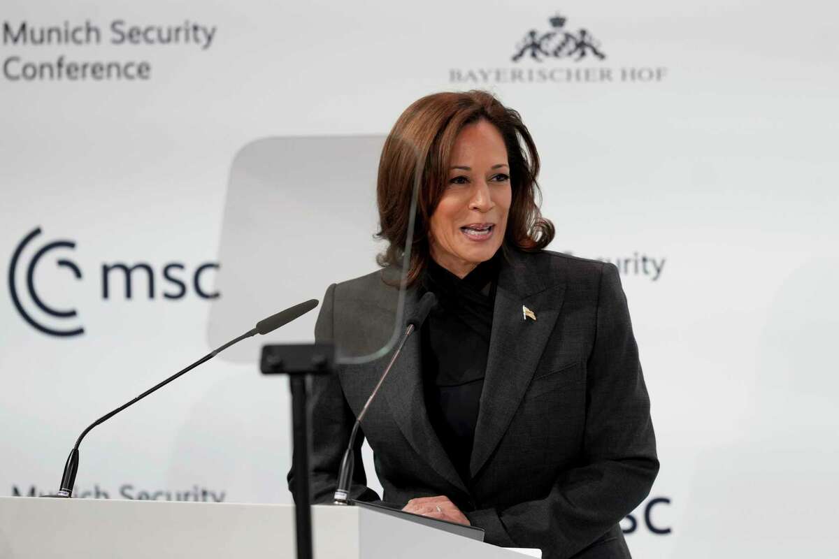 Vice President of the United States Kamala Harris speaks at the Munich Security Conference in Munich, Saturday, Feb. 18, 2023. 